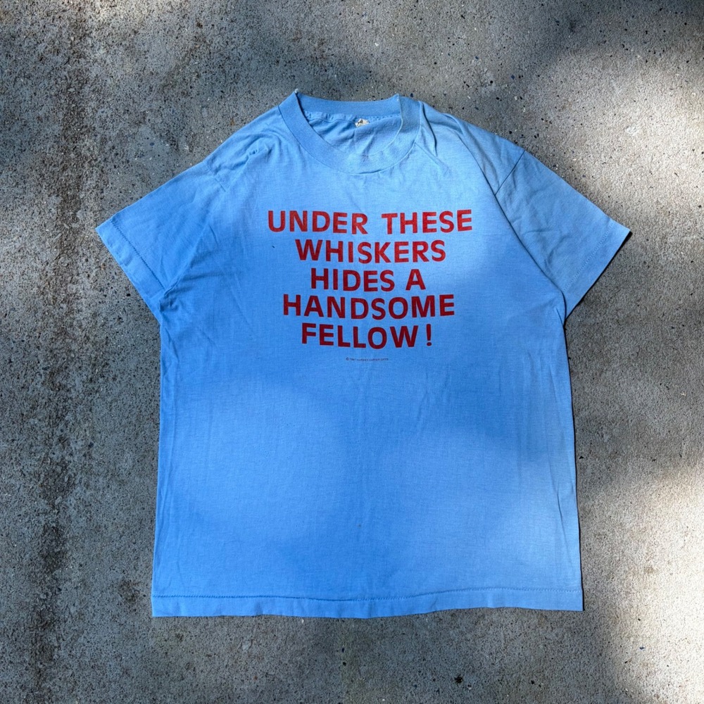 Vintage 1987 Screen Stars Under These Whiskers Handsome Fellow T-Shirt XL Blue